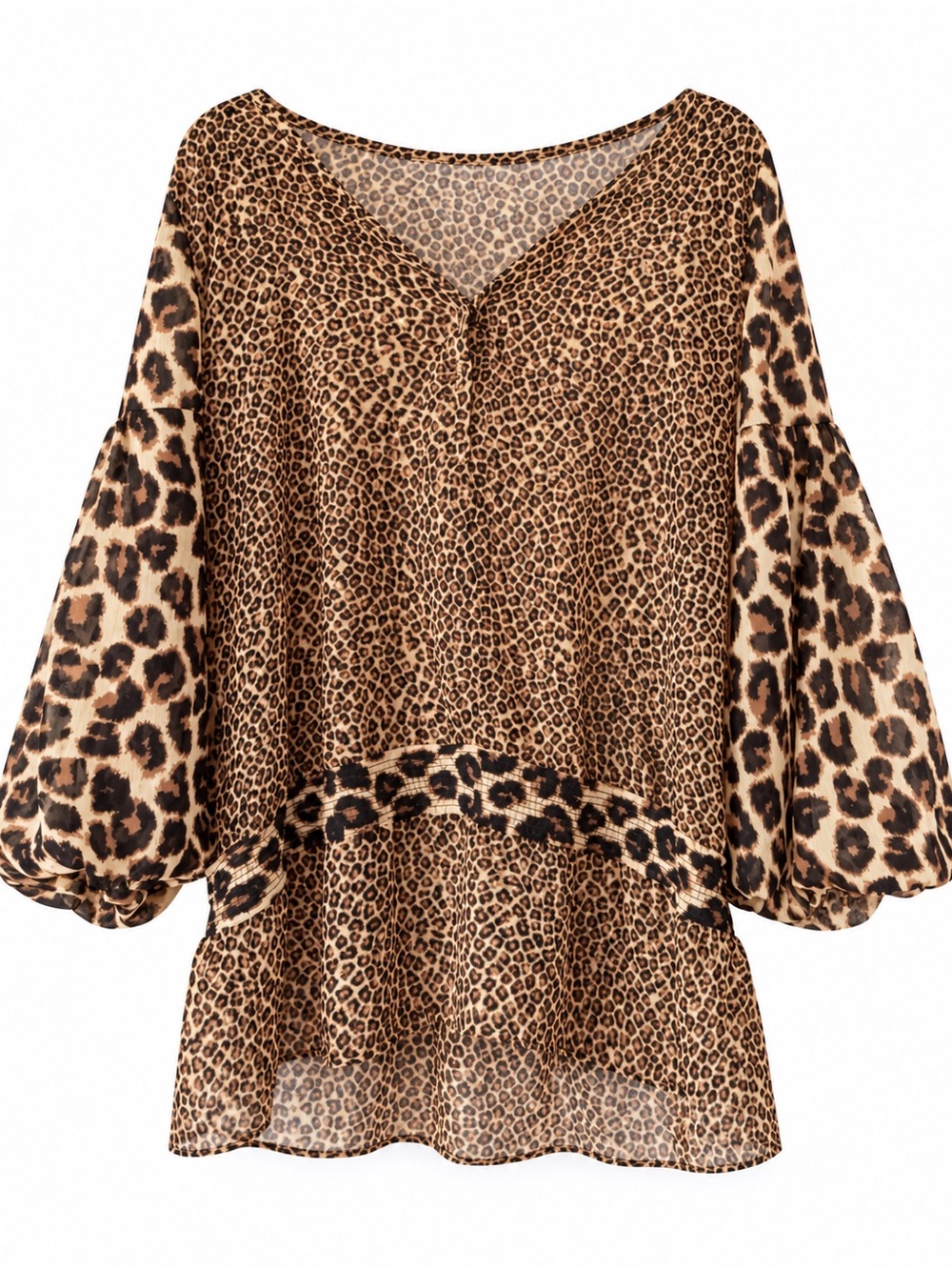 Vintage Leopard Print V-Neck Blouse - Brown